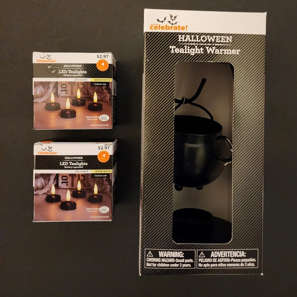 NIB  Black Cauldron Pot Tealight Holder Plus 3-4 Pk of Led Tealights
